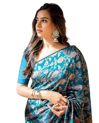Jaanvi fashion Damen Kerala Banarasi Seide mit Zari Jacquard Arbeit Saree mit ungesäumtem Blusenteil, blaugrün, One size
