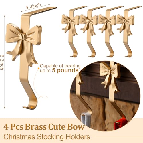 Shimeyao 4 Pcs Gold Bow Christmas Stocking Holder Brass Stocking Hangers Xmas Bow Decoration for Fireplace Shelf Staircases Party Decoration Christmas Mantel Decor by Shimeyao - Image 2