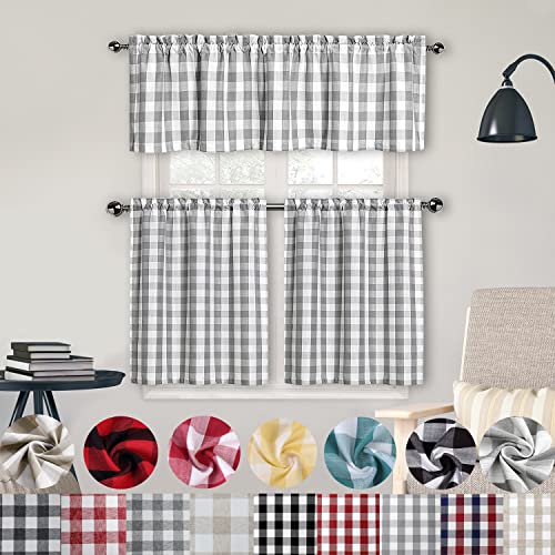 Amzdecor Tier Curtains For Kitchen Windows, Buffalo Plaid Gingham Pattern Linen Fabric Rod Pocket Short Window Panels For Kitchen Cafe Bathroom Window Curtains, 28" W X 45" L, Sliver/Gray, Set Of 2 #TOP5