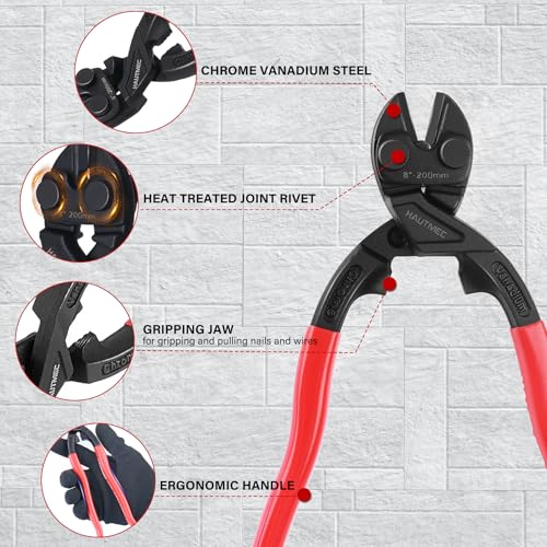 Image of HAUTMEC Mini Bolt Cutters Plier Set, 8 inch High Leverage Compact Bolt Cutter and Diagonal Cutting Pliers, Anti-Slip Grip, CRV Blade, Flush Cutter for Locks, Bolts,Wires, Cables, Rivets, and Chains