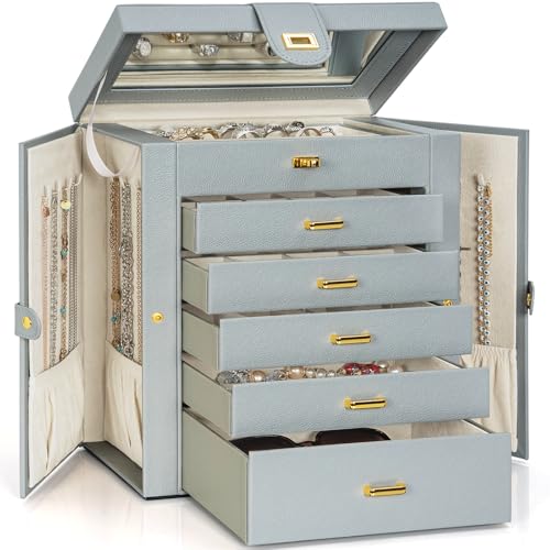 AKOZLIN 6-Tier Jewelry Box Organizer Functional 5 Drawers Leather Jewelry Storage Case for Women Girls Ring Necklace Earring Bracelet Holder Organizer with Mirror Extra Large Grey