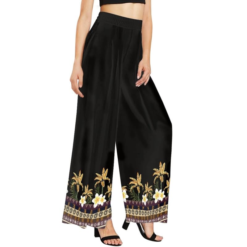 Irisjudy Women Casual Flowy Pants Summer Beach Waist Wide Leg Pants, Hawaii Tropical Floral High Waisted Palazzo Pants Loose3