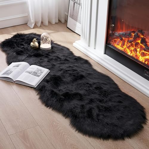 Image of Faux Fur Wave Rug for Bedroom, Fluffy Soft Sheepskin Rug, 2.5x5ft Plush Area Shaggy Rugs Floor Carpets for Nursery Bedside, Cute Fuzzy Home Decor (Black)