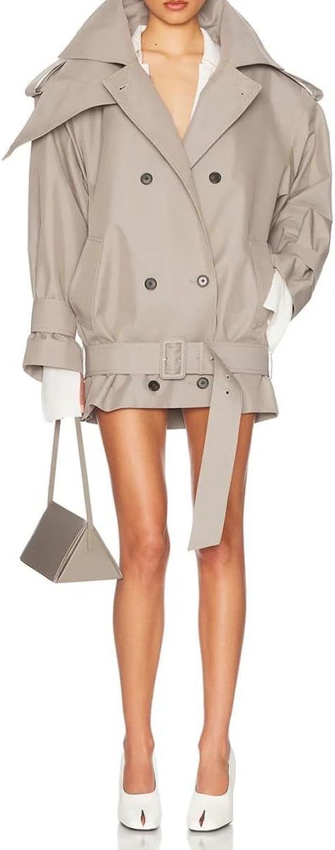 Women's Double Breasted Utility Trench, Stand Collar Long Sleeve Belted Rain Jacket