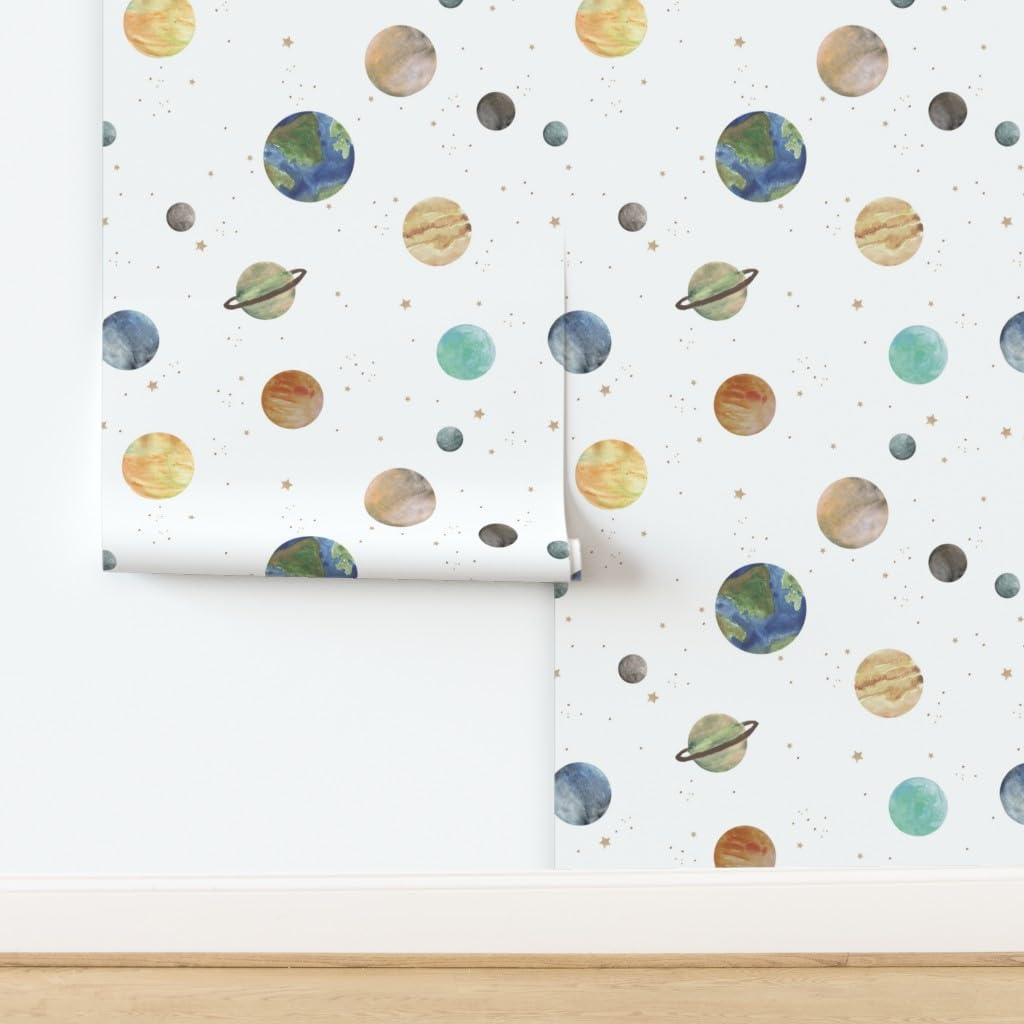 Peel & Stick Wallpaper 3ft x 2ft - Solar System Medium Space Theme Planets Stars Astronomy Custom Removable Wallpaper by Spoonflower