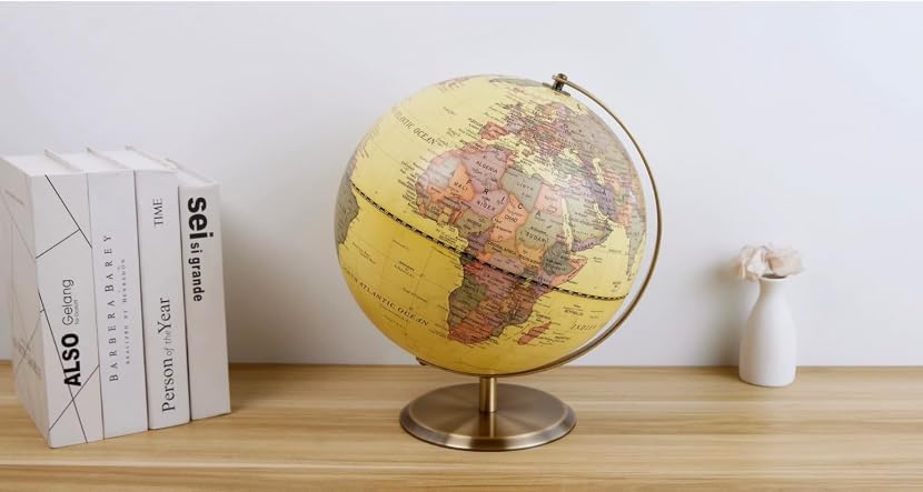 Vintage 15cm Terracing Globe with Bronze Metal Base - Rotating English Map - Decorative Globe Small for Desk, Office, Library or Educational Gift
