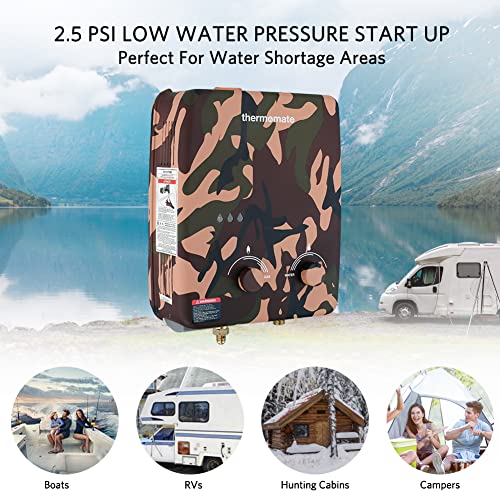 Tankless Water Heater, Thermomate 5L Portable Propane Gas Water Heater With Overheating Protection, 1.32 Gpm, Outdoor Instant Water Heater For Rv Camping, 34,000 Btu/Hr, Easy To Install, Camouflage #TOP5