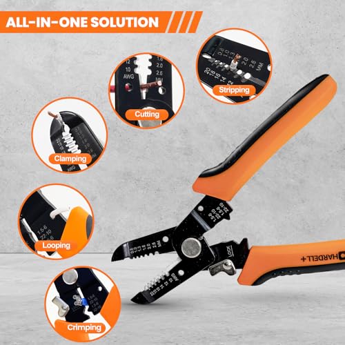 Image of Wire Stripper, HARDELL+ 5 in 1 Multifunction 7.5 inch Wire Stripper Tool with Hidden Spring for 10-20 AWG, Professional Wire Strippers Electrical for Stripping, Cutting, Crimping, Clamping, Looping