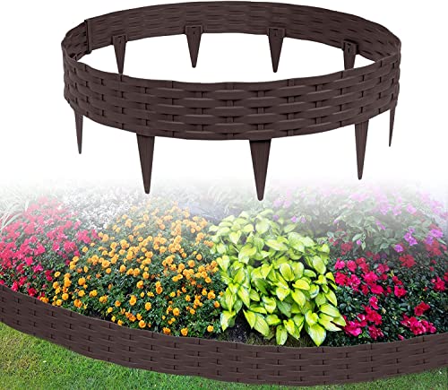 ACXIN 5m Rasenkante Beeteinfassung Gartenpalisade in Rattan-Optik mit 5 Elemente á 100 cm Beetumrandung Gartenpalisade Rund Kunststoff Palisaden UV-beständig (5 Stück, Braun)