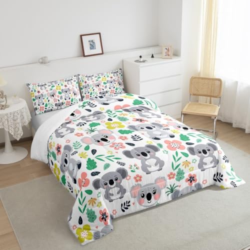 Image of Feelyou Cute Koala Bear Comforter Set Queen Size, Cartoon Koala Comforter Botanical Leaves and Flowers Comforter Set for Kids Kawaii Animals Duvet Set Microfiber Quilt Set