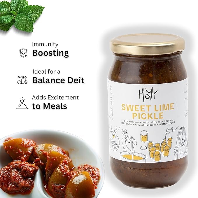 Image of HoYi Sweet Lime Pickle | Khatta Meetha Nimbu Ka Achar | No Added Refined Sugar | Handmade Authentic Indian Pickle - Sun-Ripened Citrus - Packed in Glass Jar - Natural Taste from Uttarakhand (500gms)