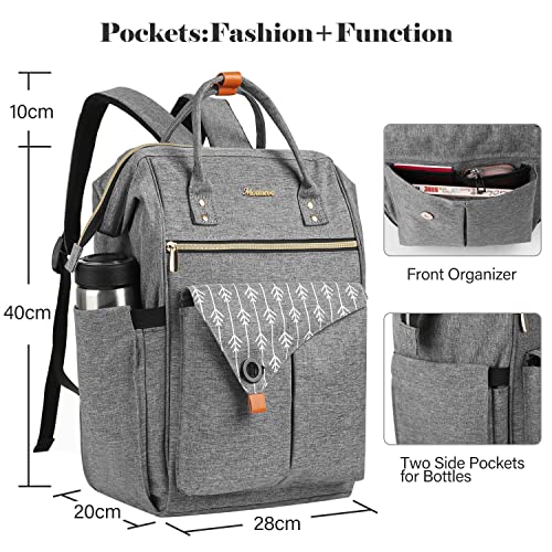 MOMUVO Laptop Backpack for Women, Grey, 17.3 Inch, with USB Charging Port, Dimension-11.2"L x 7.8"W x 17"H, 25L Capacity, 2 Compartments, 18 Pockets4