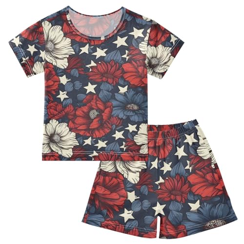 ALAZA Star Blossom Floral Vintage Pajamas Set Short Sleeve Cotton Sleepwear Summer Pjs 2 Piece 5-14Y