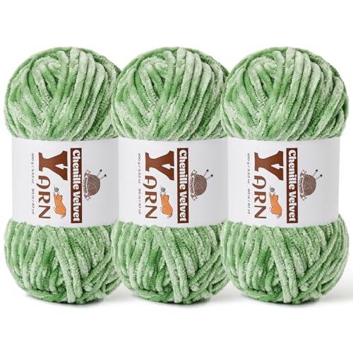 Image of 3 Pack Plush Chenille Chunky Yarn - Fluffy Velvet Yarn Crochet for Blanket Knitting and Crocheting - Soft Baby Yarns for Crocheting - Amigurumi Crochet Yarns 100g (87yds) (3 Avocado Green)