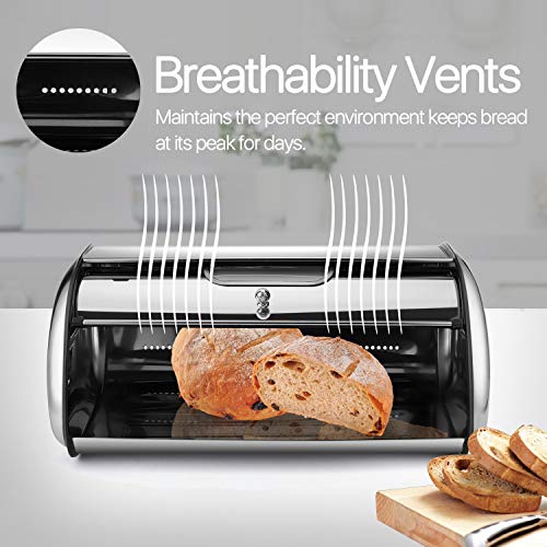 Flexzion Stainless Steel Countertop Bread Box Kitchen Storage, Roll Top Bread Box With Front Window For Homemade Cakes, Buns, Pastries, Pancakes, And Cookies (17 Inch) #TOP2