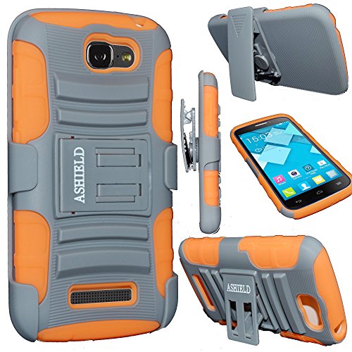 ASHIELD Ultra Shock&Drop-Proof Army-Grade Protective Hard Rugged Hybrid Slim Defender Case and Holster for For Alcatel OneTouch Icon Pop/ Alcatel One Touch Fierce 2 7040T /T Mobile /MetroPCS, POP ICON A564C /Straight Talk /TracFone (Black)- Extremly Dual layer Case with 360 Degrees Swivel Ring Kickstand and Rugged Holster (Orange+Gray)