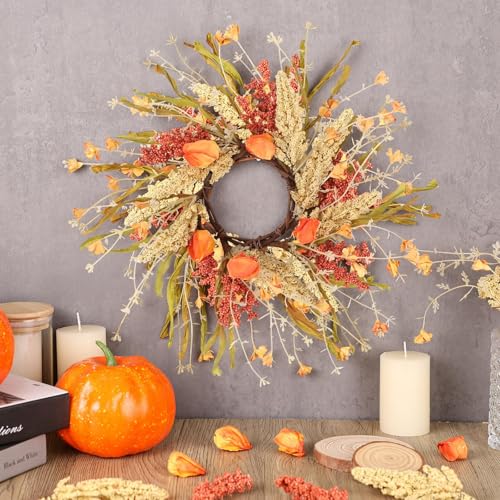 Image of 6 Pcs Fall Candle Rings 9 inch Thanksgiving Autumn Wreaths with Flowers for Tables Artificial Farmhouse Candle Rings Wreath for Front Door Porch Wall Window Decorations
