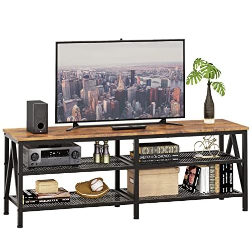 Furologee TV Stand for 60 65 inch TV, Long 55″ Entertainment Center with 3-Tier Open Storage Shelves, Industrial TV Console Table for Living Room, Rustic Brown