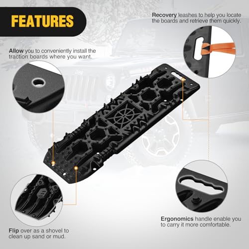 Image of Nilight Recovery Off-Road Traction Boards with Jack Lift Base Emergency Tire Ladder Mats for 4WD 4X4 Mud Sand Snow with 2PCS Mounting kit Carry Bag 2 leashes (Black)