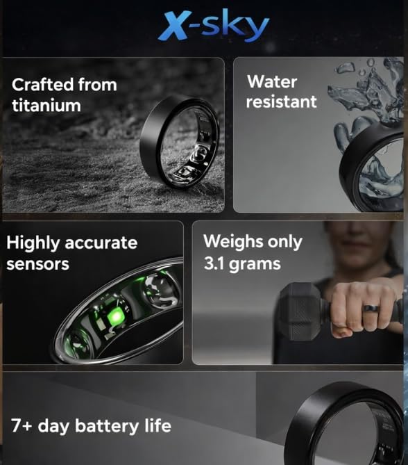Image of X-SKY Smart Ring Fitness Tracker with Heart Rate, SpO2, Sleep & Stress Monitor, 5ATM Waterproof, Bluetooth 5.2, Steps, Calories & Activity Tracking, Skin Temperature, Touch Control, 33+ Languages