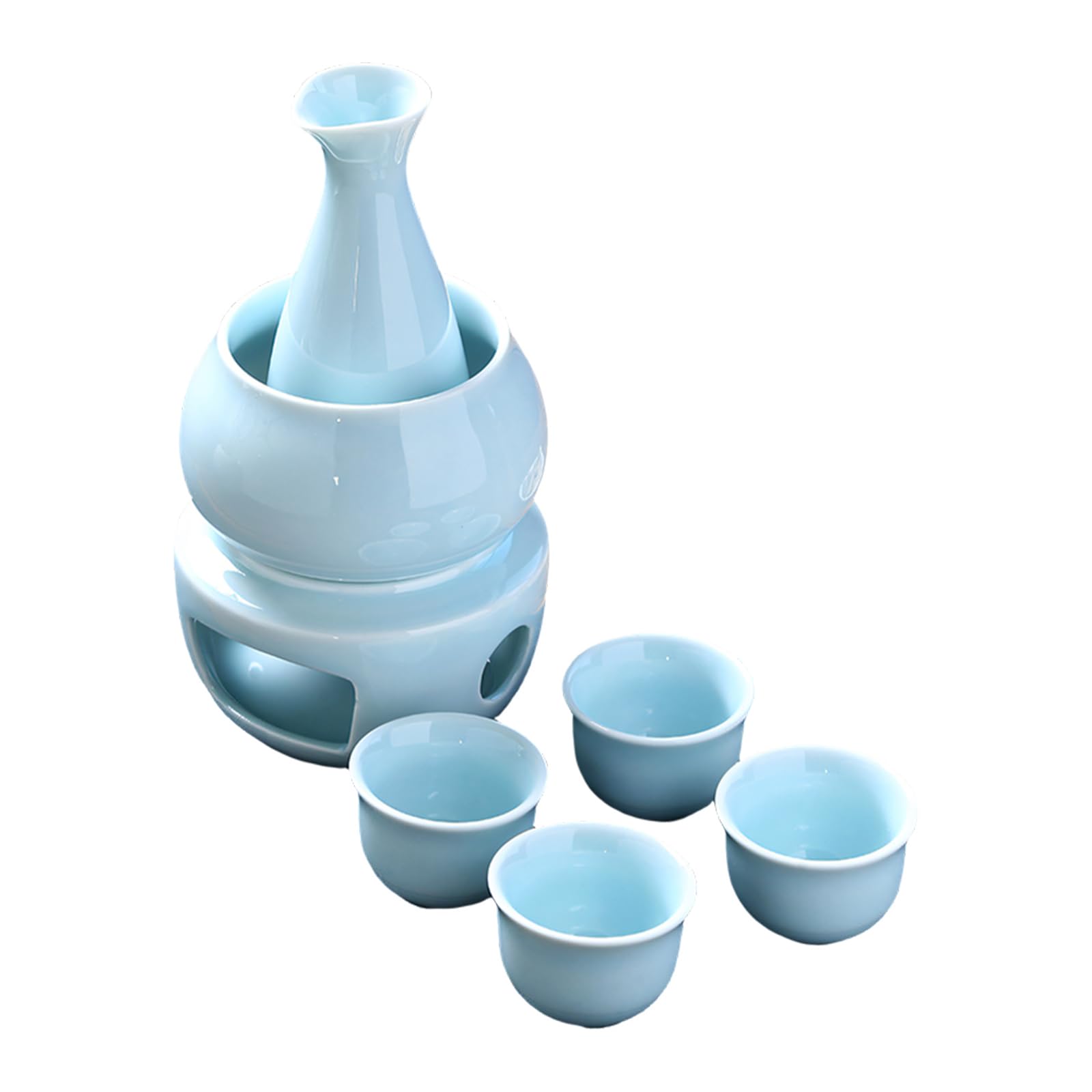 MALSSE Japanese Sake Set with Warmer Pots Ceramic Carafe Bottle and 4 Cups Stove Warming Bowl for Cold Hot Sake Gift Ceramic Japanese Set