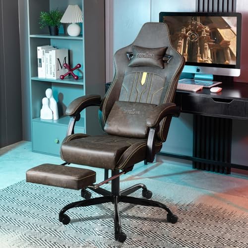 Image of Gaming Chair with Footrest Ergonomic Computer Chair Massage Lumbar Cushion, Racing Video Game Chair Adjustable Rocker Recliner Executive Office Desk Chair Pu Leather for Adults, Brown