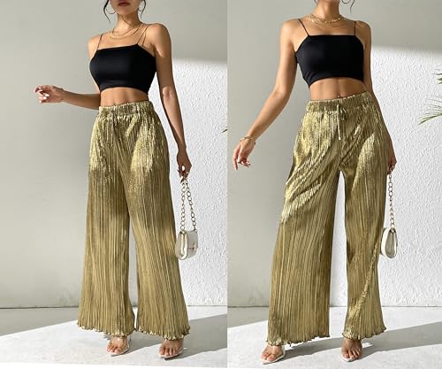 heipeiwa Women's Metallic Wide Leg Palazzo Pants Pleated Party Club Sequin Shiny Flare Pant Trouser2