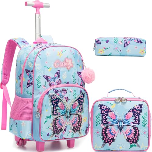 Meetbelify Mochila infantil com rodinhas para meninas e meninos com lancheira para estudantes do ensino fundamental, 01 borboleta rosa