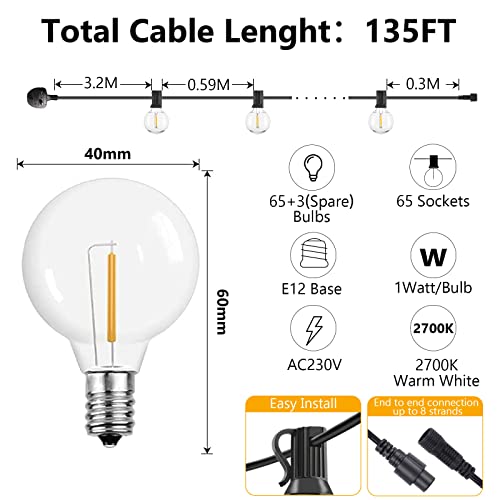 PLGOD 135FT Outdoor Lights Mains Powered, Outside Lights Patio Lights with 65+3 G40 Shatterproof LED Bulbs (3 Spare), Waterproof Hanging String Lights for Indoor Backyard Garden Christmas Party Decor - Image 5