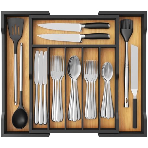 Lifewit Cutlery Cajones Organizer de Bambu, Grande Cuberteros de Cocina Extensible, Bandeja para Cubiertos/Tenedores/Conjunto Talheres/Herramientas Pequeña, Almacenaje Encimera/Casa, Natural y Negro