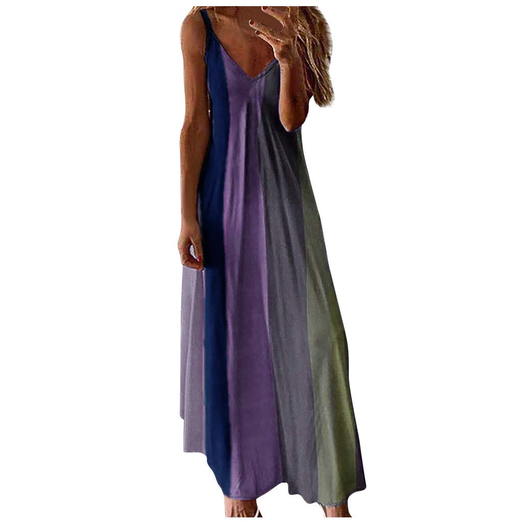 Women Summer V-neck Maxi Dress, Ladies Sexy Gradient Printed Sleeveless Party Long Dress
