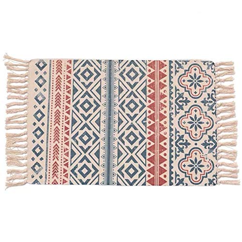 Morbuy Alfombra Tejida a Mano con Borlas, Algodón y Lino Estampadas Esterilla Lavable, Decorativo Manta Té Cuarto de Estar Alfombra Mesita Área de Alfombra (60 * 90cm,Mo YAN)