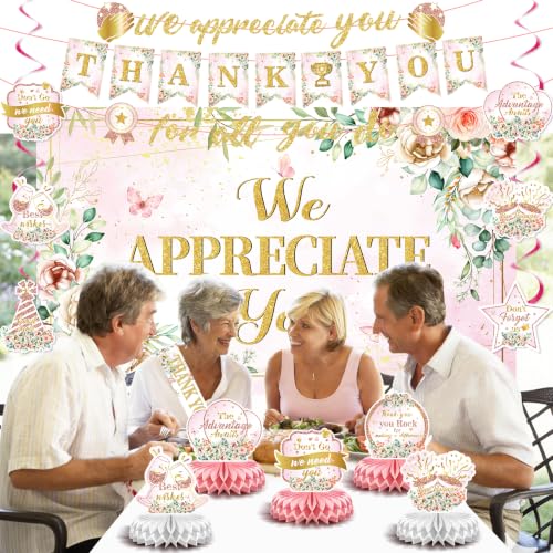 Image of Pink Floral We Appreciate You Party Decorations for Employee Teacher Decor | Thank You for All You Do Banner Honeycomb Centerpieces Hanging Swirl for Office Employee Pastor Appreciation Party Gift Decor