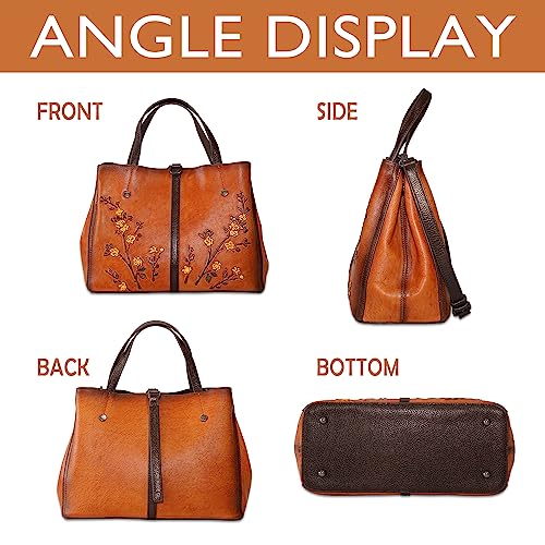 Image of Genuine Leather Satchel for Women Top Handle Bags Handmade Purse Vintage Embossed Leather Crossbody Handbags Hobo Bag