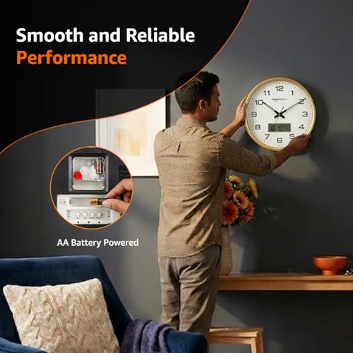 Image of Amazon Basics 12.5 Inch Large Analog Digital Wall Clock with LCD Display | Day Date Month Temperature | Silent Sweep Quartz Movement | Clear Bold Numbers | Dual Battery Operated (White)
