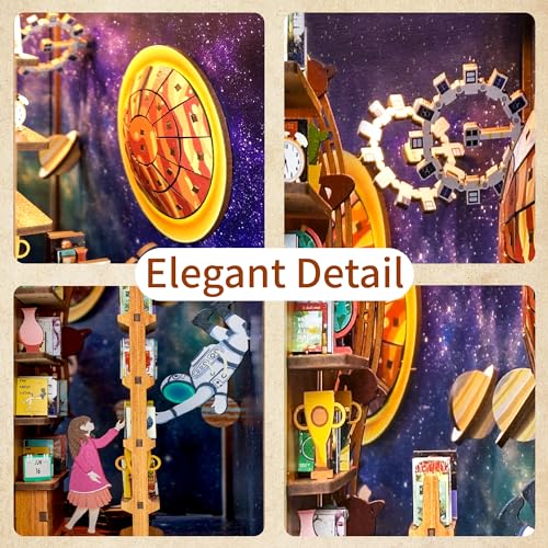 Image of Tonecheer DIY Book Nook Kit for Adults,3D Wooden Puzzle Bookend Bookshelf Insert Library Decor, Booknook Miniature House Kit with Body Motion Sensor LED Light（Interstellar）