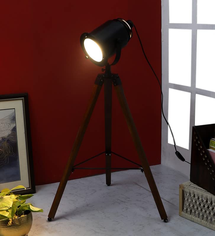 Image of PRISTINE INTERIORS Brown Fabric Shade Tripod Floor Lamp with Black Base Silver Metal Shade Tripod Floor Lamp with Beige Base (Industrial)