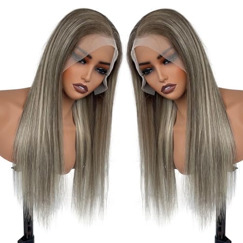 Image of Munx 13x6 Ash Blonde Wig Human Hair, Glueless Lace Front Wigs 180% Density Low Highlights Blonde Deep Hairline Lace Frontal Wigs for White Women Pre Plucked Dark Brown Roots Human Hair 18Inch