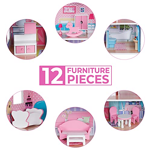 Pidoko Kids Wooden Dollhouse - Includes 12 Pcs Furniture Accessories