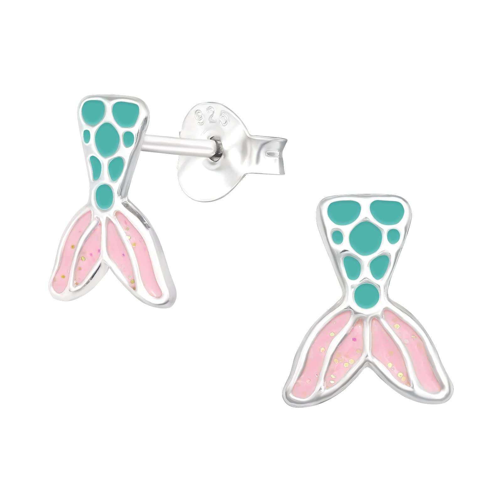 LaimonsPendientes infantiles para niña y niños, diseño de cola de sirena, 9 mm, color rosa, turquesa, menta, de plata de ley 925, Plata