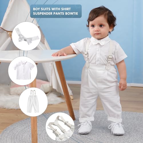 Image of Booulfi Baptism Christening Outfits for Baby Boy Outfits,NB- 5t Boy Clothes | 4 Piece Button Down White Shirt Bow Tie Photography Suspenders Baptism Outfits for Boys,Newborn 5t Boys Clothes Summer