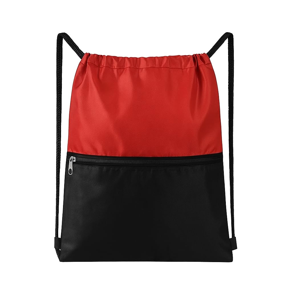 AKRONIX Drawstring Bag with Zipper Pocket, Red and Black, Lightweight Gym Sack Backpack for Sports and Travel-image-24