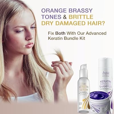 Vitamins Keratin Hair Serum, Blue Hair Mask, and Anti-Brass Deep Conditioner Kit - Gloss Boost for Bleached, Blonde, Platinum, Silver, Gray, Dry, Damaged Hair