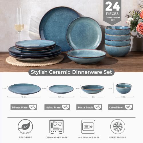 Image of GBHOME Dinnerware Sets For 6, 24Pcs Stoneware Plates and Double Bowls Sets, Dishwasher&Microwave Safe