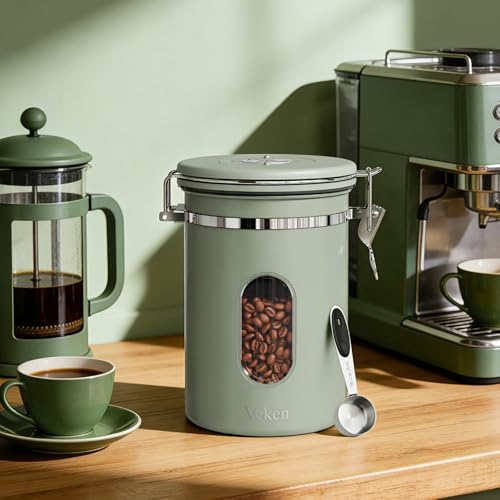 Image of Veken Coffee Canister with Window, Airtight Stainless Steel Container, 22OZ | Date Tracker,Kitchen Food Storage Organizers for Beans, Ground, Espresso, Rice,Tea, Sugar,Cereal, Gifts,Lids,Jars,Scoop,Green
