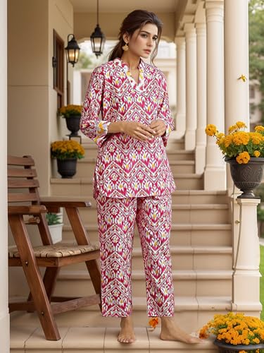Image of NAINVISH Women Rayon Blend Floral Ethnic Co-Ord Set | Casual Wear Pant Top Set | Fancy | Full Pair Set | Co Ord Set Stylish | Winter | Top & Pant Set