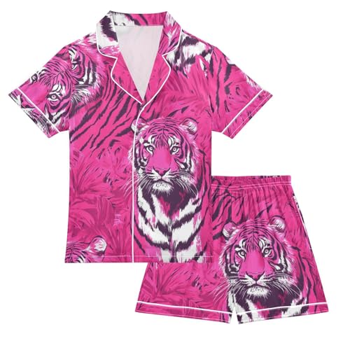 Satin Pajama Sets Short Sleeve Pink Tigers in Jungle Button Down Silky Nightwear 2 Piece PJS 5-14Y