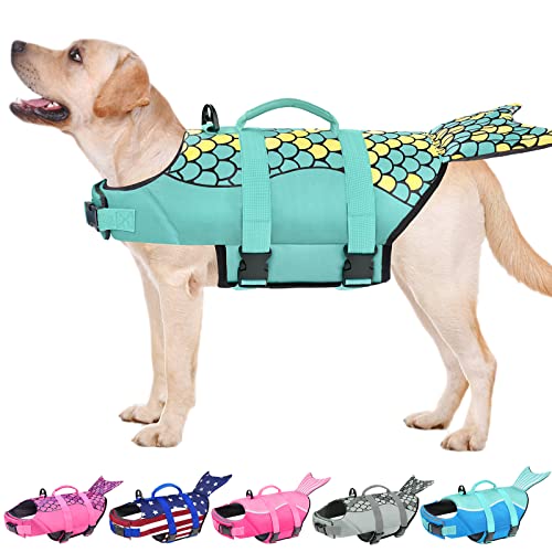 Malier Dog Life Jacket, Ripstop Dog Life Vest with High Buoyancy, Adjustable Shark Dog Life Jacket Dog Life Preserver with Rescue Handle Puppy Life Jacket for Small Medium Large Dogs (Green, X-Large)