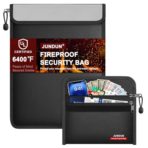 JUNDUN 2er-Set Feuerfeste tasche - 21 5x15cm klein Feuerfeste Geldtasche für Bargeld Pässe Karte Wertsachen - 38x28cm Wasserdicht Feuerfest Dokumententasche für wichtige Unterlagen