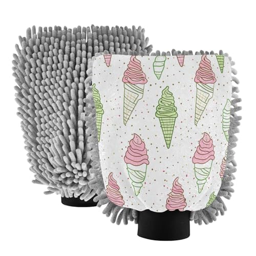ALAZA Icecream Polka Dots Car Wash Mitt Scratch Free, 2 Pack Absorbent Microfiber/Chenille Washing & Drying Mitts, M